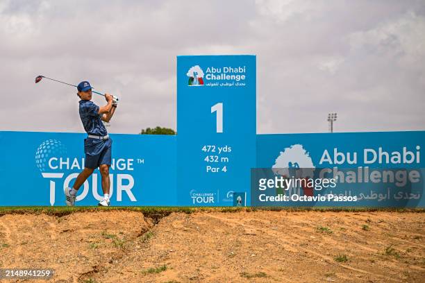 Neyl Cherrat of UAE, plays a shot on the 1st tee prior to the Abu Dhabi Challenge at Al Ain Equestrian, Shooting and Golf Club on April 17, 2024 in...