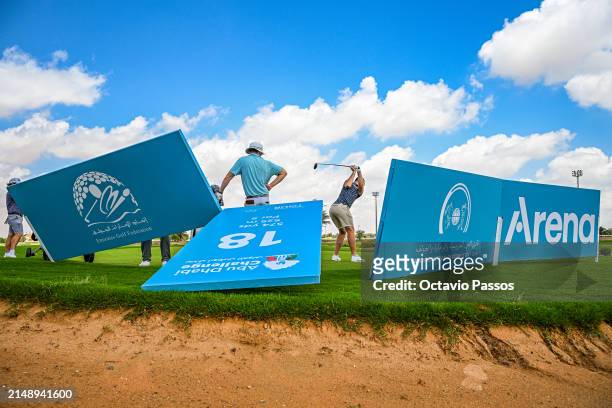 Haydn Barron of Australia plays a shot on the 18th hole prior to the Abu Dhabi Challenge at Al Ain Equestrian, Shooting and Golf Club on April 17,...
