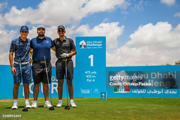 Players poses for a picture, Neyl Cherrat , Al Emadi , Rashid Aljassmy on the 1st tee prior to the Abu Dhabi Challenge at Al Ain Equestrian, Shooting...