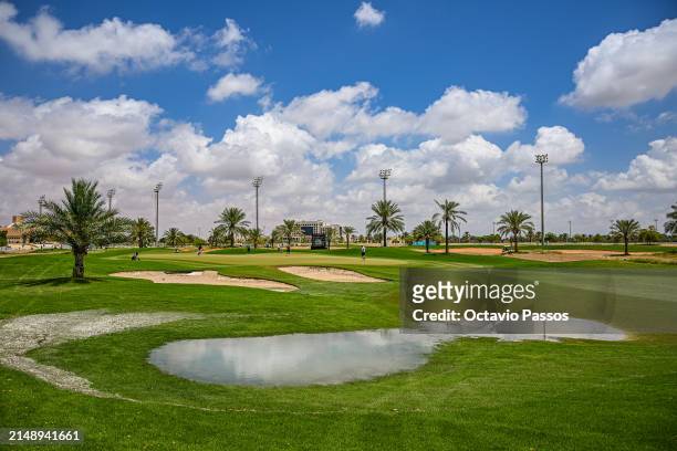 General view of the 18th hole is pictured prior to the Abu Dhabi Challenge at Al Ain Equestrian, Shooting and Golf Club on April 17, 2024 in Abu...