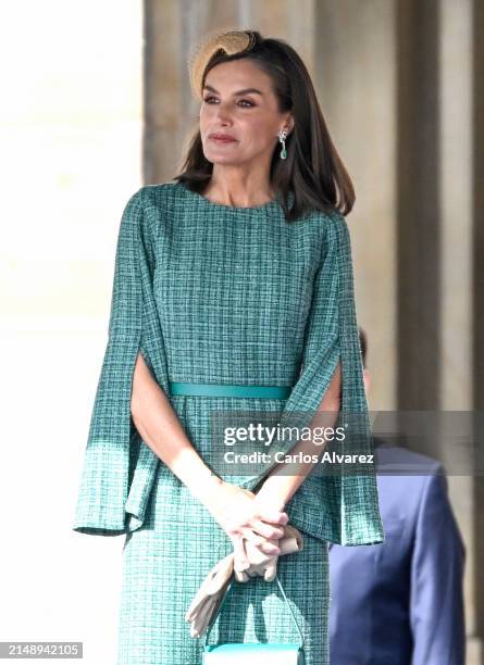 Queen Letizia of Spain smiles as she attends the Welcome Ceremony during day two of her visit to the Netherlands with King Felipe VI of Spain at Dam...