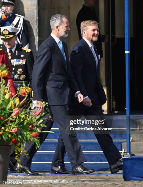 King Felipe VI of Spain with King Willem-Alexander of the Netherlands as they attend the Welcome Ceremony during day two of his visit to the...