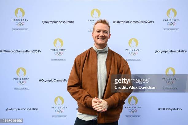 Greg Rutherford MBE attends the synchronized swimming event by On Location celebrating 100 days until the Paris 2024 Olympic Games on April 17, 2024...