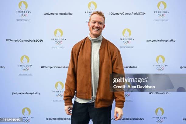 Greg Rutherford MBE attends the synchronized swimming event by On Location celebrating 100 days until the Paris 2024 Olympic Games on April 17, 2024...