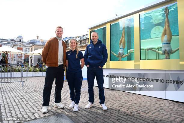 Greg Rutherford MBE, Dame Laura Kenny and Sir Jason Kenny CBE pose for a photograph as they attend the synchronized swimming event by On Location...