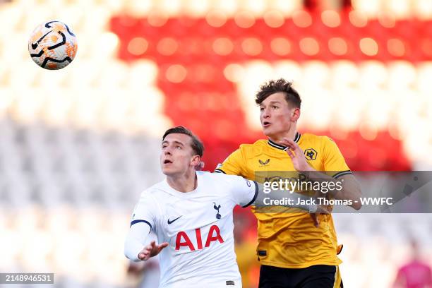 Fletcher Holman of Wolverhampton Wanderers battles for possession during the Premier League 2 match between Tottenham Hotspur and Wolverhampton...