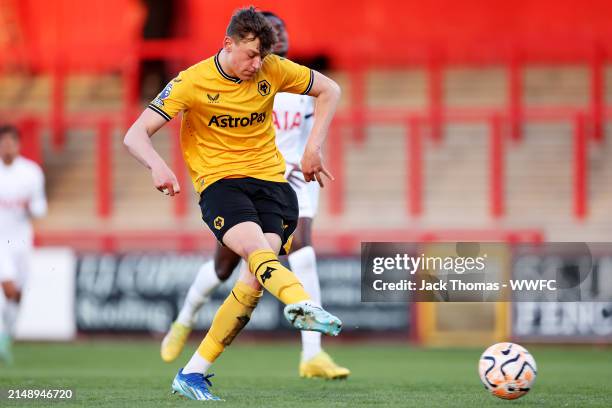 Fletcher Holman of Wolverhampton Wanderers scores his team's first goal during the Premier League 2 match between Tottenham Hotspur and Wolverhampton...