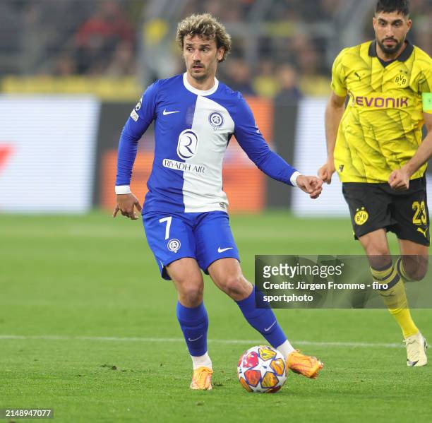 Antoine Griezmann of Atletico Madrid plays the ball during the UEFA Champions League quarter-final second leg match between Borussia Dortmund and...