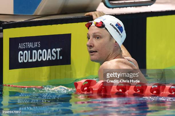 Cate Campbell looks on after swimming in the Women’s Open 100m Freestyle Final during the 2024 Australian Open Swimming Championships at Gold Coast...