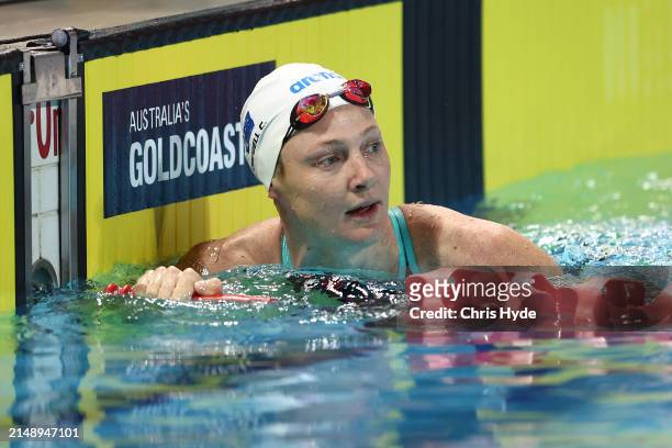 Cate Campbell looks on after swimming in the Women’s Open 100m Freestyle Final during the 2024 Australian Open Swimming Championships at Gold Coast...