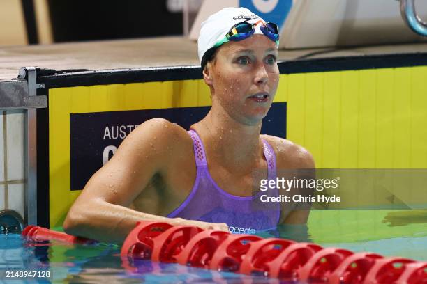 Emma McKeon looks on after swimming in the Women’s Open 100m Freestyle Final during the 2024 Australian Open Swimming Championships at Gold Coast...