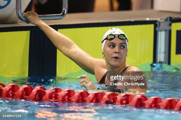 Shayna Jack looks on after swimming in the Women’s Open 100m Freestyle Final during the 2024 Australian Open Swimming Championships at Gold Coast...
