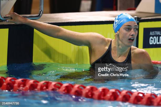 Meg Harris looks on after swimming in the Women’s Open 100m Freestyle Final during the 2024 Australian Open Swimming Championships at Gold Coast...