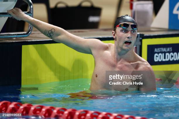Elijah Winnington celebrates after winning the Men's Open 400m Freestyle Final during the 2024 Australian Open Swimming Championships at Gold Coast...
