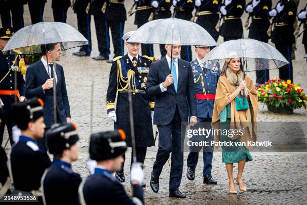 King Felipe of Spain and Queen Leticia of Spain during a wreath laying ceremony at the Dam Square on April 17, 2024 in Amsterdam, Netherlands. The...