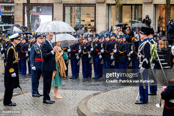 King Felipe of Spain and Queen Leticia of Spain during a wreath laying ceremony at the Dam Square on April 17, 2024 in Amsterdam, Netherlands. The...