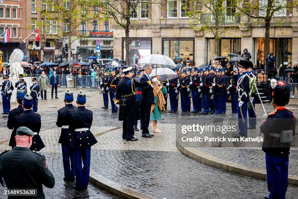 King Felipe of Spain and Queen Leticia of Spain during a wreath laying ceremony at the Dam Square on April 17, 2024 in Amsterdam, Netherlands. The...