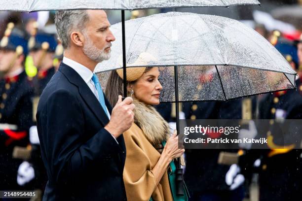 King Felipe of Spain and Queen Leticia of Spain during a wreath laying ceremony at the Dam Square on April 17, 2024 in Amsterdam, Netherlands. The...