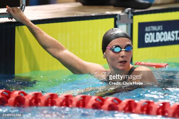Ariarne Titmus celebrates winning the Woman's 800m Freestyle Final during the 2024 Australian Open Swimming Championships at Gold Coast Aquatic...