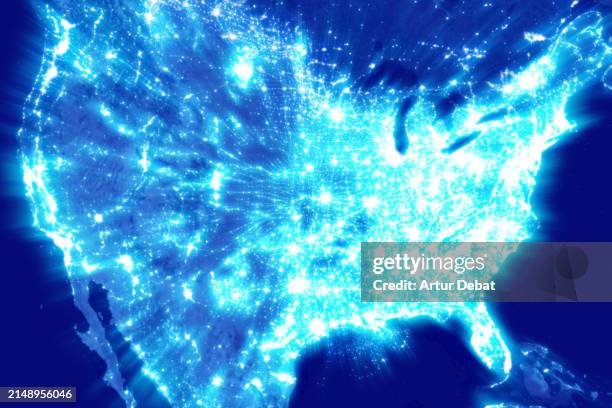 united states at night glowing with blue lights taken from the outer space. - bevölkerungswachstum stock-fotos und bilder