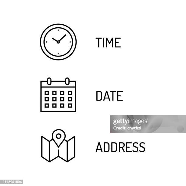 time, date, address line icons. clock, calendar, map. - information sign stock illustrations
