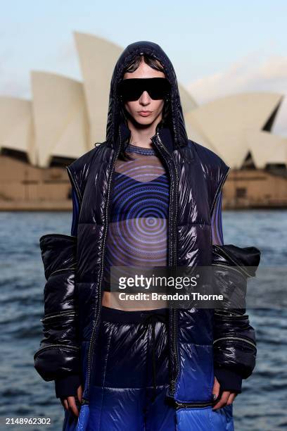 Model poses in a designs by Jackson Cowden ahead of the Pepsi 'Pulse Collection' Fashion Showcase at Overseas Passenger Terminal on April 17, 2024 in...