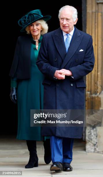 Queen Camilla and King Charles III attend the traditional Easter Sunday Mattins Service at St George's Chapel, Windsor Castle on March 31, 2024 in...