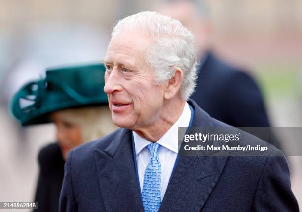 King Charles III attends the traditional Easter Sunday Mattins Service at St George's Chapel, Windsor Castle on March 31, 2024 in Windsor, England....