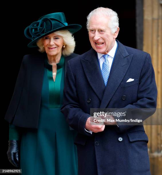 Queen Camilla and King Charles III attend the traditional Easter Sunday Mattins Service at St George's Chapel, Windsor Castle on March 31, 2024 in...