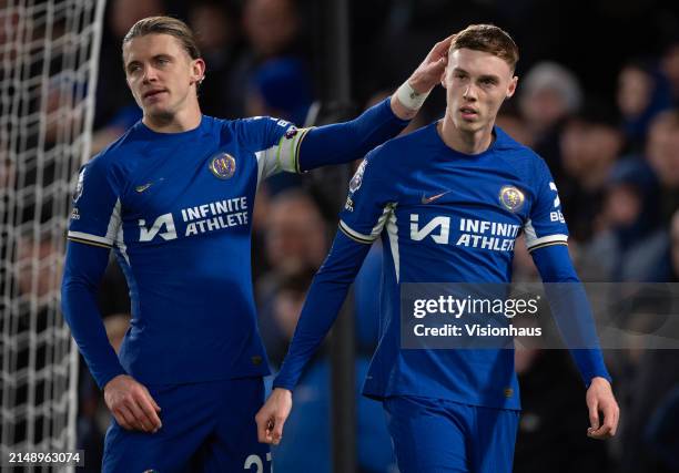 Cole Palmer of Chelsea celebrates scoring his fourth goal with Conor Gallagher during the Premier League match between Chelsea FC and Everton FC at...
