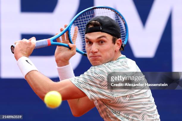Jack Draper of Great Britain plays a back hand during his second roudn match against Rudolf Molleker of Germany on day 5 of the BMW Open at MTTC...
