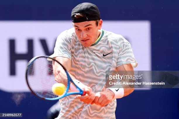 Jack Draper of Great Britain plays a back hand during his second roudn match against Rudolf Molleker of Germany on day 5 of the BMW Open at MTTC...