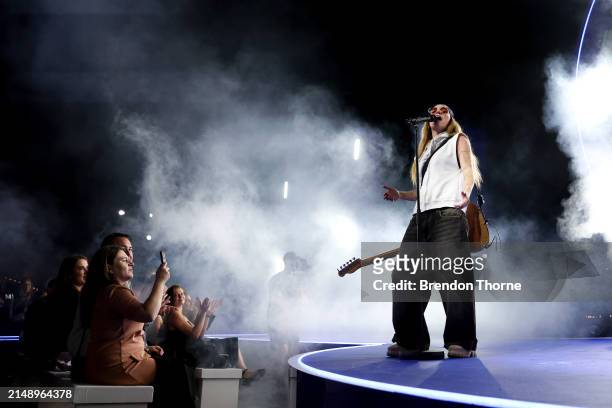 Flip performs following the Pepsi 'Pulse Collection' Fashion Showcase at Overseas Passenger Terminal on April 17, 2024 in Sydney, Australia.