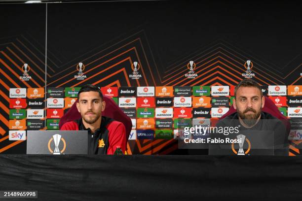 Roma coach Daniele De Rossi and Lorenzo Pellegrini during the UEFA Europa League 2023/24 quarter-final second leg press conference at Centro Sportivo...