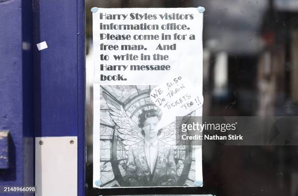 Harry Styles Tour poster is displayed outside Holmes Chapel Train Station on April 17, 2024 in Holmes Chapel, England. The Holmes Chapel Partnership...