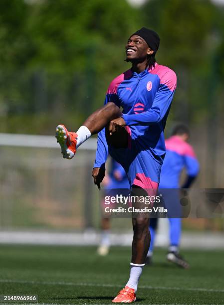Rafael Leao is seen during the UEFA Europa League 2023/24 quarter-final second leg training and press conference at Milanello on April 17, 2024 in...