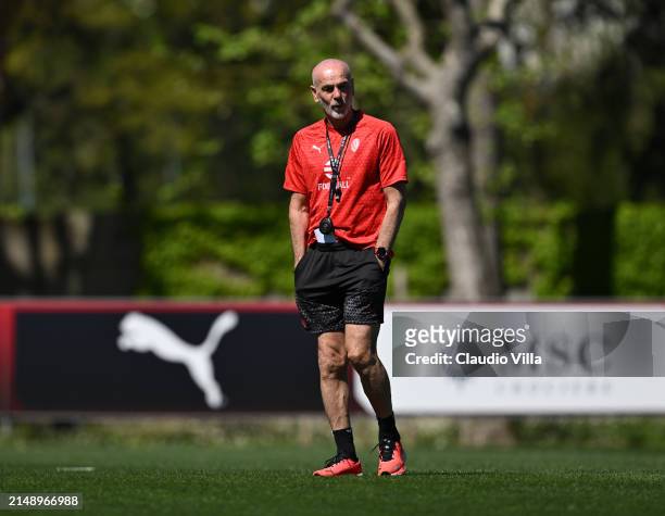 Milan head coach Stefano Pioli looks on during the UEFA Europa League 2023/24 quarter-final second leg training and press conference at Milanello on...