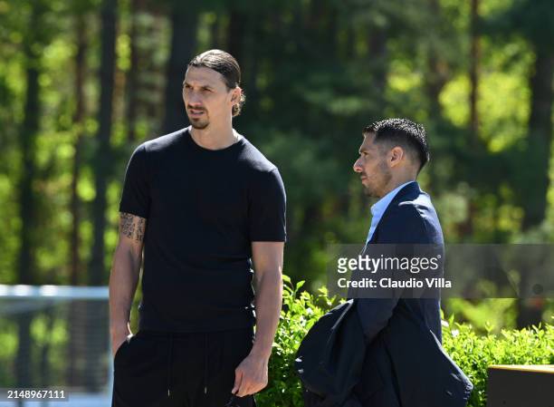 Zlatan Ibrahimovic and Geoffrey Moncada attend the UEFA Europa League 2023/24 quarter-final second leg training and press conference at Milanello on...