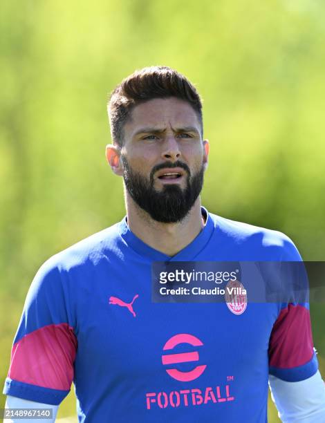 Olivier Giroud looks on during the UEFA Europa League 2023/24 quarter-final second leg training and press conference at Milanello on April 17, 2024...