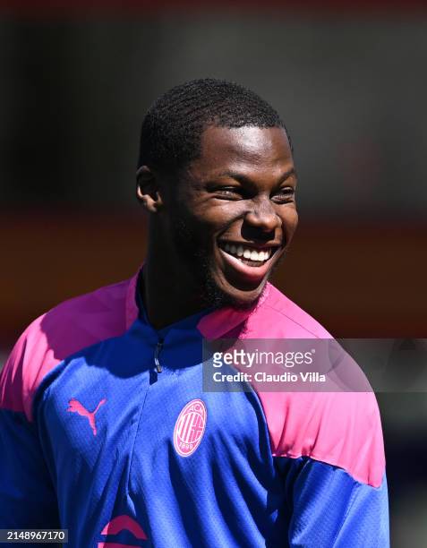 Yunus Musah smiles during the UEFA Europa League 2023/24 quarter-final second leg training and press conference at Milanello on April 17, 2024 in...