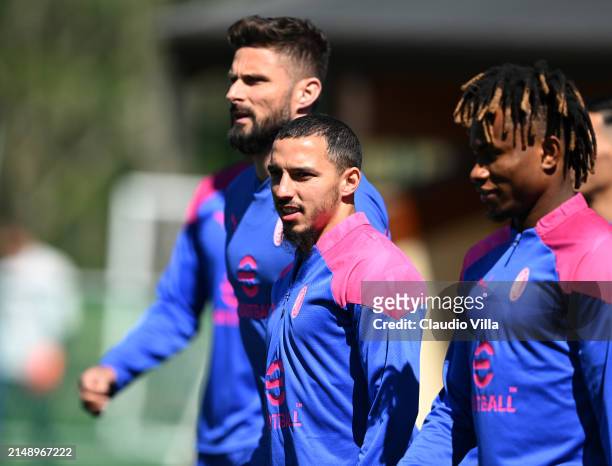 Ismael Bennacer looks on during the UEFA Europa League 2023/24 quarter-final second leg training and press conference at Milanello on April 17, 2024...