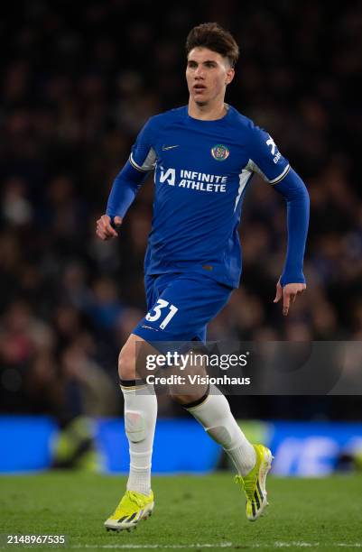 Cesare Casadei of Chelsea during the Premier League match between Chelsea FC and Everton FC at Stamford Bridge on April 15, 2024 in London, England.