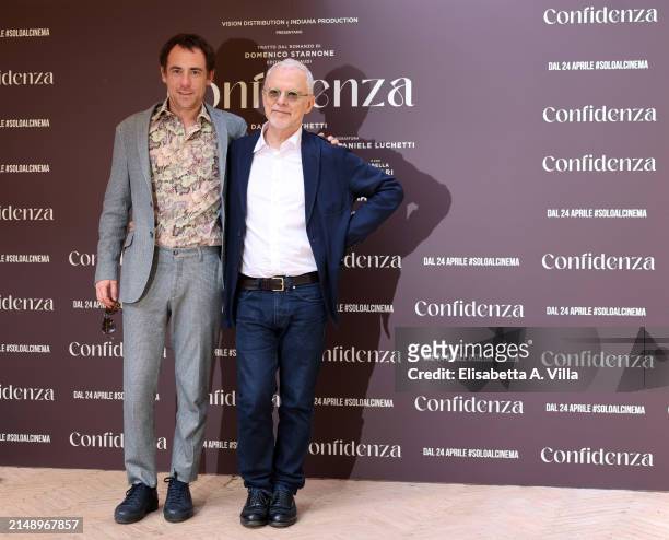 Elio Germano and director Daniele Luchetti attend the photocall for the movie "Confidenza" at Hotel De La Ville on April 17, 2024 in Rome, Italy.