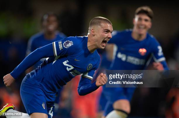 Alfie Gilchrist of Chelsea celebrates scoring his first goal for the club during the Premier League match between Chelsea FC and Everton FC at...