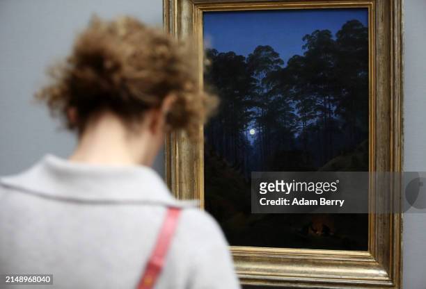 The painting "Waldinneres bei Mondschein" or "Forest Interior by Moonlight" by Caspar David Friedrich is seen at the press preview of the exhibition...