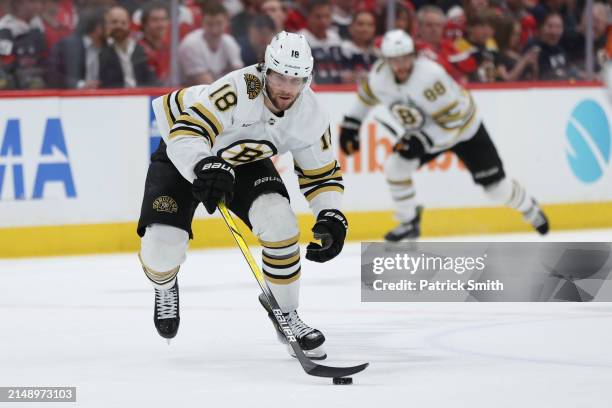 Pavel Zacha of the Boston Bruins skates against the Washington Capitals during the first period at Capital One Arena on April 15, 2024 in Washington,...