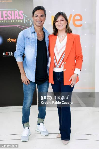 Julio Iglesias Jr and Chábeli Iglesias attend the "Los Oglesias. Hermanos A La Obra" TV show presented by RTVE at Torrespaña on April 17, 2024 in...