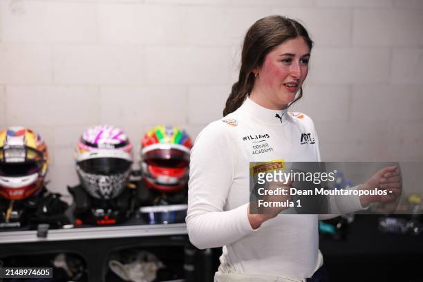 Lia Block of United States and ART Grand Prix looks on in the garage during F1 Academy Testing at Circuit Zandvoort on April 17, 2024 in Zandvoort,...