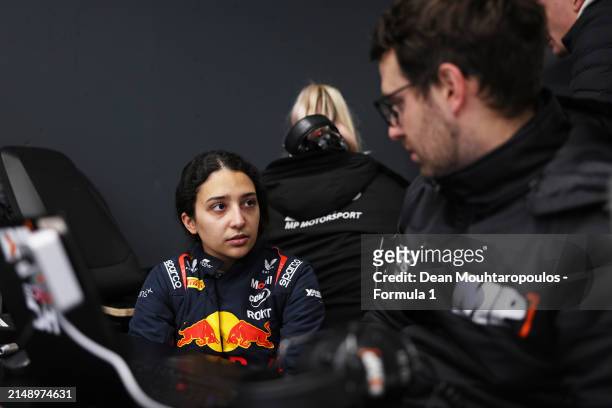 Hamda Al Qubaisi of United Arab Emirates and MP Motorsport talks with a MP Motorsport team member during F1 Academy Testing at Circuit Zandvoort on...