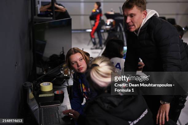 Emely de Heus of Netherlands and MP Motorsport talks with MP Motorsport team members during F1 Academy Testing at Circuit Zandvoort on April 17, 2024...
